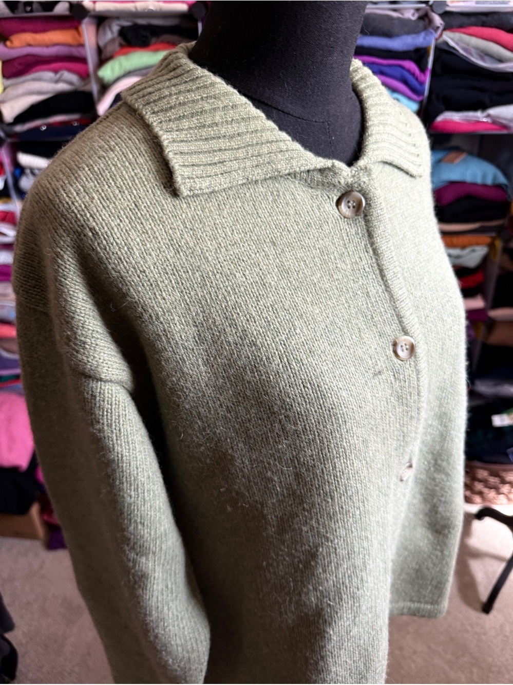 Soft Olive Green Cardigan Women's Sweater With Tree Intarsia